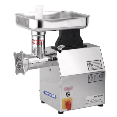 PrepPal Meat Grinder, 
electric, bench type, #12 
attachment hub, 250 lbs/hr 
capacity, (1) 1/4&quot; plate, (1) 
5/16&quot; plate, gear-driven 
transmission, grease 
lubricated gear box, manual 
reset overload protection, 
forward/reverse switch, top 
mounted handle, (1) knife, 
plastic food pusher, sausage 
stuffing tube, stainless steel 
tray, non-slip rubber feet, 
170 RPM, 1 HP, 110v/60/1-ph, 
NEMA 5-15P, 735 watts, cETLus, 
ETL-Sanitation, 10/22
