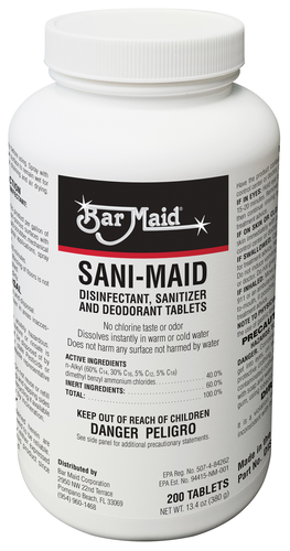 Sanitizer/disinfectant tablets 
25% MORE TABLETS THAN 
SANTAMINE 

Bar Maid Quaternary, each 
tablet provides 1 gallon 
200ppm sanitizer, use as third 
tank, spray, tabletop, food 
processing equipment and 
beverage dispensing equipment 
etc, Per Jar 11/22