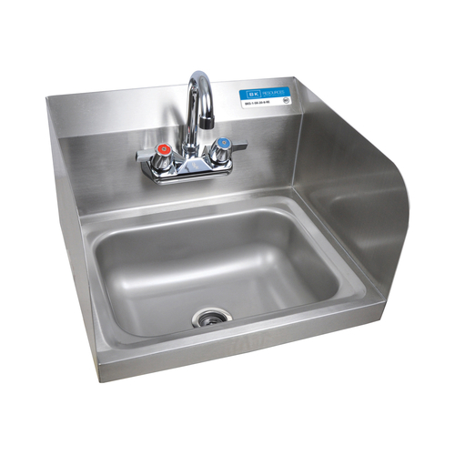 Hand Sink, wall mount, 14&quot; 
wide x 10&quot; front-to-back x 5&quot; 
deep bowl, 4&quot; O.C splash mount 
faucet (BKF-W-3G-G, lead 
free), marine edge, side 
splashes on left &amp; right, 
includes basket drain &amp; wall 
mounting hardware, 304 
stainless steel construction, 
NSF, 1/22