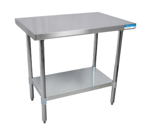 Economy Work Table, 48&quot;W x 
18&quot;D, 18/430 stainless steel 
flat top, 1-1/2&quot; Stallion 
Safety Edge on front &amp; back, 
90 turndown on sides, 
galvanized legs &amp; adjustable 
undershelf, adjustable 1&quot; 
plastic bullet feet, NSF, 
CSA-Sanitation, KD, 9/21