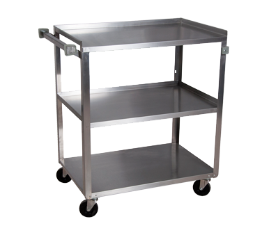 Utility Cart, 3-tier, 18&#39;W x 
27&#39;D, 430 stainless steel, 
stainless steel legs, 3-1/2&#39; 
swivel casters (2) braked), 
300 LB capacity, NSF, 10/21