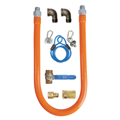 Gas Hose Connection Kit # 3,
includes 48&quot; long x 1/2&quot; I.D.
stainless steel hose with
radial wrap &amp; protective
translucent coating, (1) shut
off valve, (1) quick
disconnect, (1) restraining
cable &amp; hardware, (2)
male-to-female 90 elbows,
cCSAus (packaged in
point-of-purchase box), 5 year
warranty on hose, 1 year
warranty on shut off valve,
quick disconnect, 90 elbows,
&amp; restraining cable, standard, 
6/22