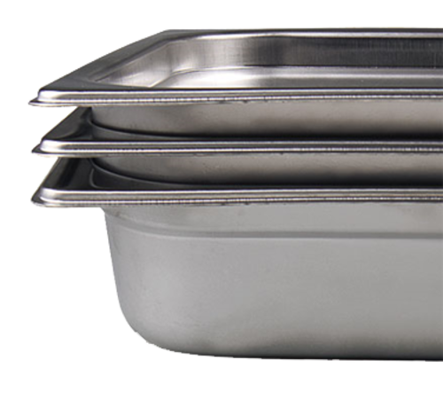 Stack-A-Way Steam Table Pan,
2/3 size, 10.1 qt., 13-7/8&#39;L
x 12-3/4&quot;W x 4&quot; deep,
reinforced edge &amp;&amp; corners,
anti-jam, 22 gauge, 18/8
stainless steel, NSF EACH 
11/21
