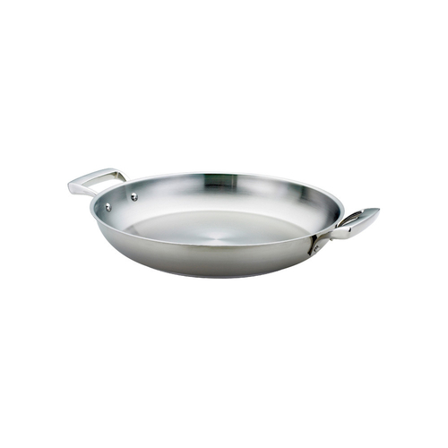 Thermalloy Paella Pan,
9-1/2&#39; dia. x 2&#39;H, (2) hollow
cast polished handles, 1/4&#39;
aluminum sandwich base,
stainless steel, NSF,  EACH, 
1/22