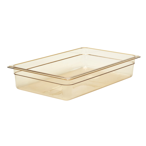 High Heat Food Pan, 1/1 full
size pan, 12.7 qt. capacity,
4&quot; deep, easy-lift notch,
capacity indicators,
reinforced corners,
chip/crack resistant,
temperature range: -40 to
375F, stackable, dishwasher
safe, textured non-slip
finish, amber, NSF, BPA free, 
each, 10/21