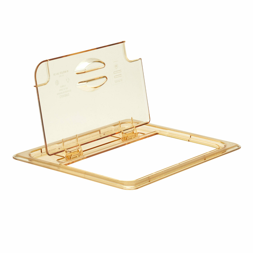 FlipLid Food Pan Cover, high
heat, 1/2 size, notched,
hinged, polyetherimide, -40F
to 375F, amber, NSF, each, 
10/21