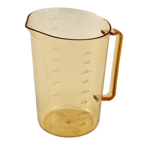 HIGH HEAT MEASURING CUP, 4qt.
(128oz.), AMBER, METRIC AND
AMERICAN STANDARD GRADUATION
MARKS, WITHSTANDS TEMPERATURE
-40 TO 375F (140-191C),
INTEGRATED STAY COOL HANDLE,
MICROWAVE/OVEN/COOLER/FREEZER
SAFE, SHERPROOF, BPA FREE,
PLASTIC, NSF, EACH
COVER #MCCH,  10/21