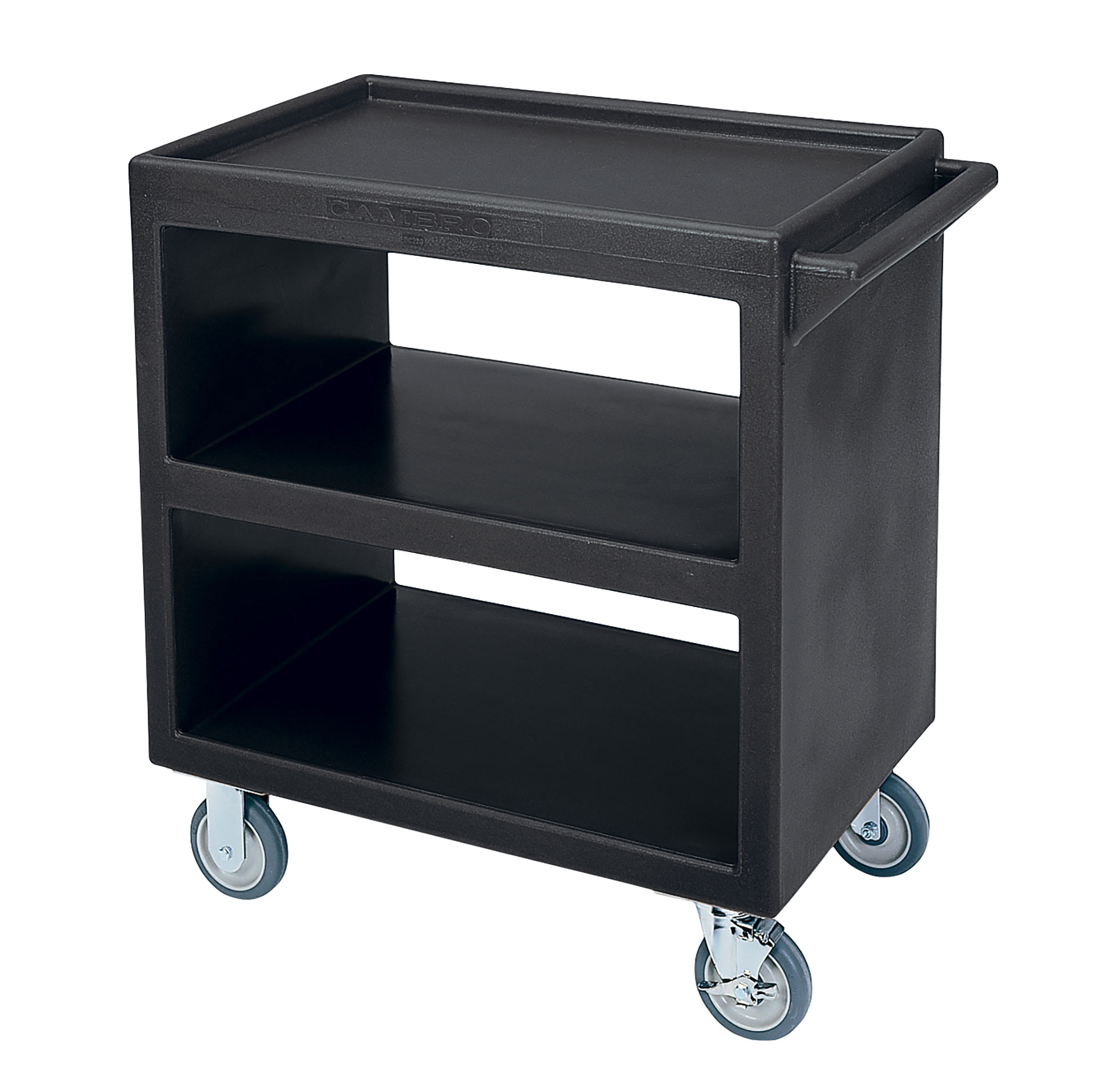 Service Cart, open design,
three shelves, shelf size
approximately 20&quot;x27&quot;,
polyethylene exterior, 5&quot; 
casters (2 fixed, 2 swivel, 1
with brake), 500 lb. load
capacity, black, NSF, each