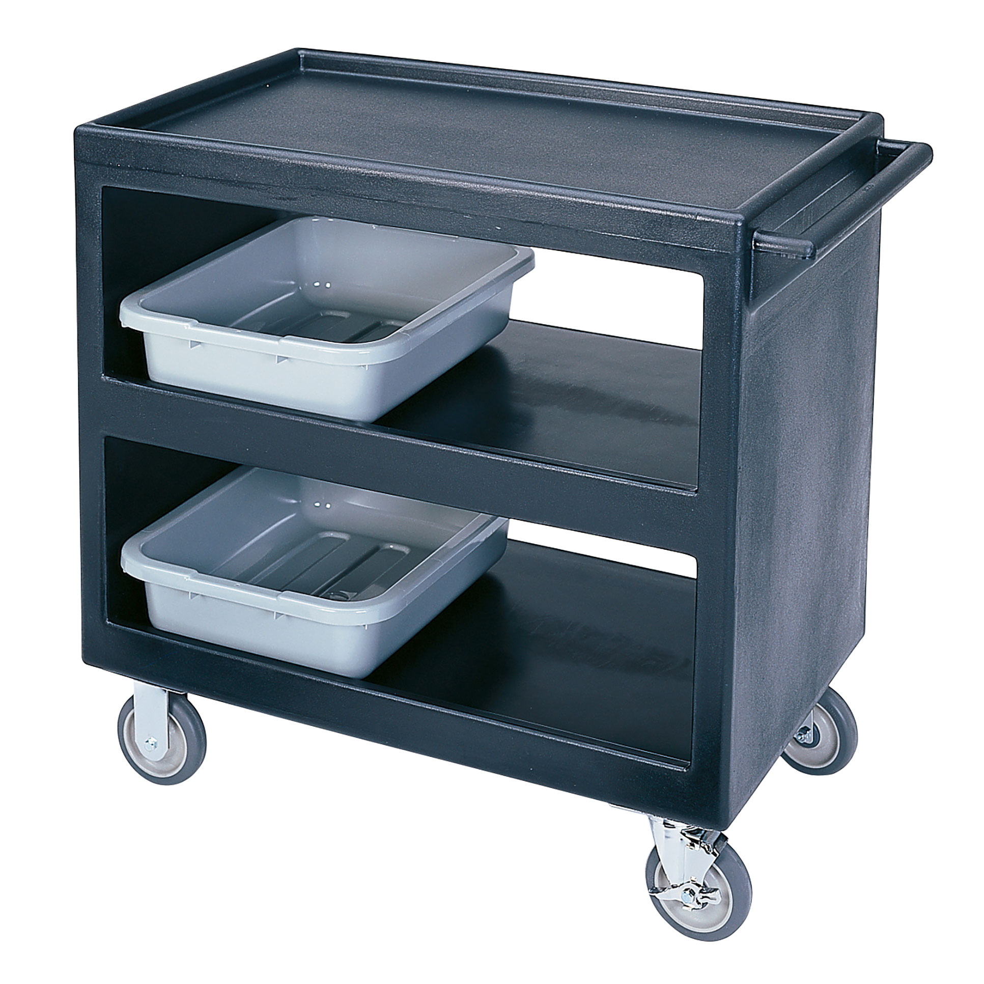 Service Cart, open design,
three shelves, shelf size
approximately 21&quot;x32&quot;,
polyethylene exterior, 5&quot; 
casters (2 fixed, 2 swivel, 1
with brake), 500 lb. load
capacity, black, NSF, each