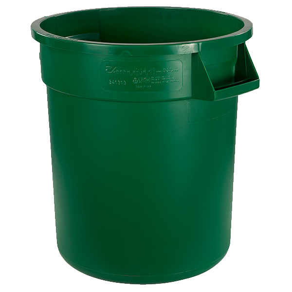 10 gallon GREEN, Bronco Waste
Container, , 17&#39;H x
17-1/2&#39; dia. (includes
handles), round,
double-reinforced stress
ribs, ergonomic Comfort
Curve handles, drag skids,
deep hand holds on base,
polyethylene, green, NSF, 
EACH