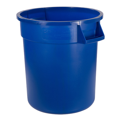 10 gallon Blue Bronco Waste 
Container,
, 17&quot;H x 17-1/2&quot;dia. 
(includes handles),
round, double-reinforced
stress ribs, ergonomic
Comfort Curve handles, drag
skids, deep hand holds on
base, polyethylene, blue,
NSF, EA