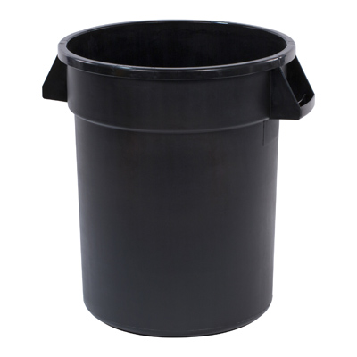 20 GALLON BLACK  Bronco Waste
Container, 23&quot;H x 23&quot; dia.
(includes
handles), round,
double-reinforced stress ribs,
ergonomic Comfort
Curve handles, drag skids,
deep hand holds on base,
polyethylene, NSF, EACH