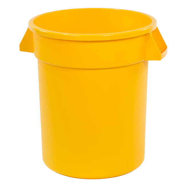 20 GALLON YELLOW
Bronco Waste Container, 23&#39;H
x 23&#39; dia. (includes
handles), round,
double-reinforced stress
ribs, ergonomic Comfort
Curve handles, drag skids,
deep hand holds on base,
polyethylene, NSF, EACH