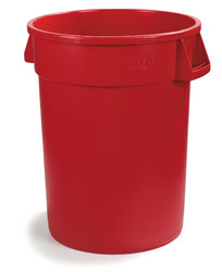 32 gallon RED Bronco Waste 
Container,
27-3/4&quot;H x 
22-3/8&quot;dia. (25-1/2&quot; dia. with
handles), round,
double-reinforced stress
ribs, ergonomic Comfort
Curve handles, drag skids,
deep hand holds on base,
polyethylene, red, NSF, 2/21