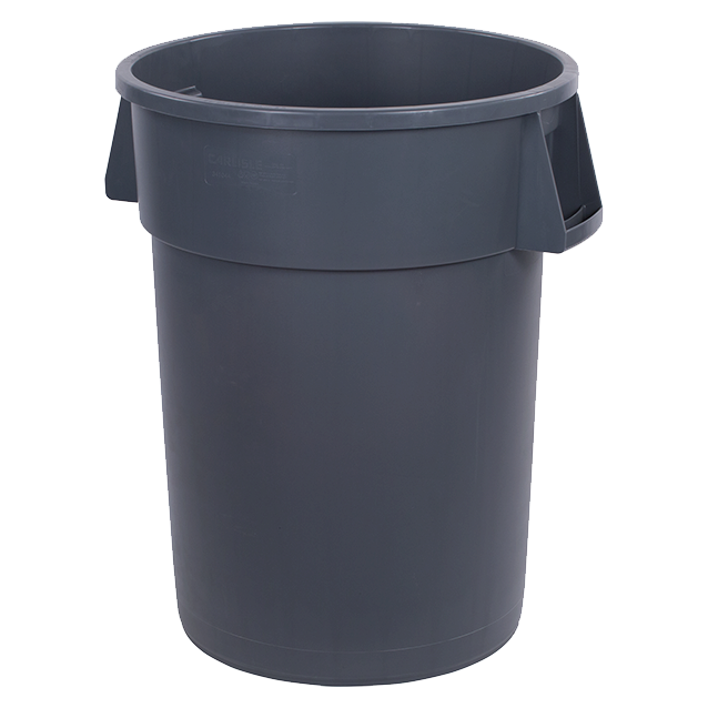 44 GALLON GREY Bronco Waste 
Container, 31-3/8&#39;H x 27-1/2&#39;
dia. (includes handles),
round, double-reinforced
stress ribs, ergonomic
Comfort Curve handles, drag 
skids, deep hand holds on 
base, polyethylene, gray, NSF,
each, 3/22