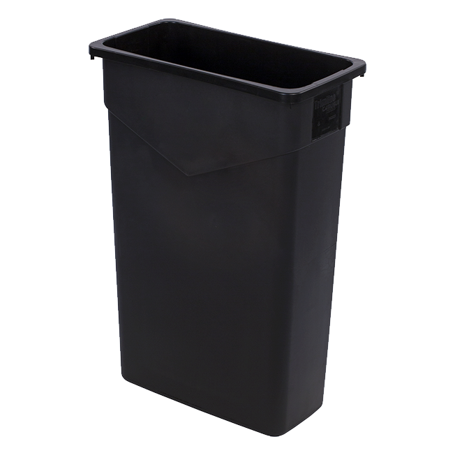 Black (Slim Jim) Trimline
Waste Container, 23 gallon,
rectangular, integrated
corner tabs, bottom helper
handles, heavy-duty,
polyethylene, black EACH, 2/21