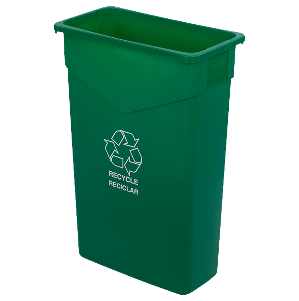 GREEN TRIMLINE Recycle/Waste
Container, 23 gallon,
rectangular, imprinted with
recycling symbol, integrated
corner tabs, bottom helper
handles, heavy-duty,
polyethylene, EACH, 