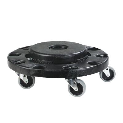Bronco Container Dolly, round,
6&quot;H x 17-3/4&quot;dia.,
twist-to-lock,
non-marking 3&#39; swivel
press-fit casters, fits 20, 
32, 44 &amp; 55 gal containers,
polyethylene, black, NSF, 
each, for Carlisle cans only 