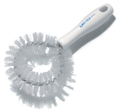VEGETABLE BRUSH, 9-1/2&quot; LONG, 
CIRCULAR BRISTLE/WIRE HEAD 
WITH STRAIGHT HANDLE, 
POLYESTER, WHITE, EACH