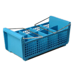 Flatware Basket, OptiClean 
Perma-San  17-1/16&quot; x 7-3/4&quot; 
x 6-7/8&quot;, 8-compartments 
(3-1/2&quot; x 3-1/2&quot;), with 
stainless steel wire handles, 
open design, resilient, 
stain-resistant, 
polypropylene, blue, NSF Each 