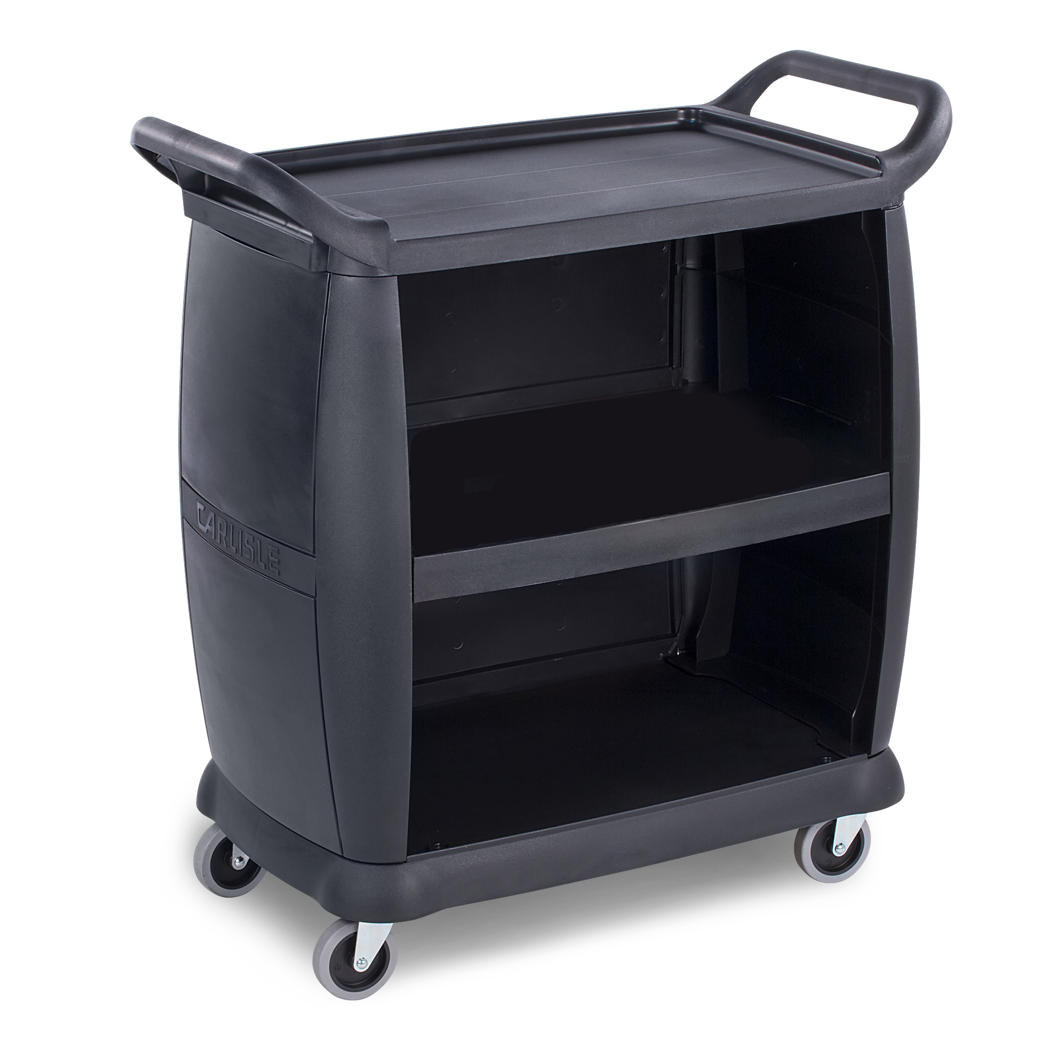 Bus Cart, 36-1/4&#39;L x
21-1/4&#39;W, 300 lb capacity,
(3) textured shelves, raised
edges, enclosed ends and
back, (1) bus box will fit on
each shelf, dual sided push
handles, 4&#39; heavy-duty
non-marking swivel casters,
polypropylene, black, NSF
(Assembly Required), EACH, 
8/21