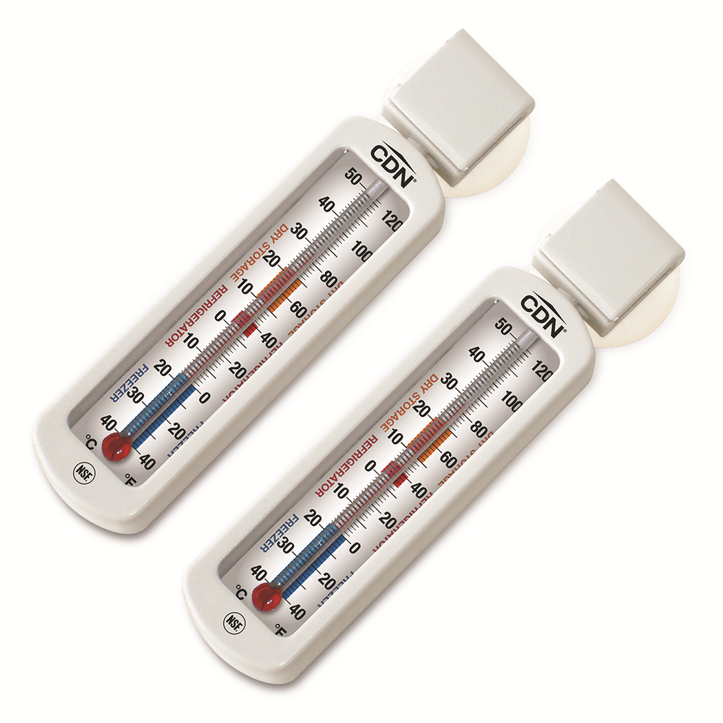 REFRIGERATOR/FREEZER 
THERMOMETER, -40 TO +120F, 
1/2&quot;W x 2-1/4&quot;H DISPLAY, 
HANGING OR SUCTION CUP, ABS 
PLASTIC, NSF, 2/PK,