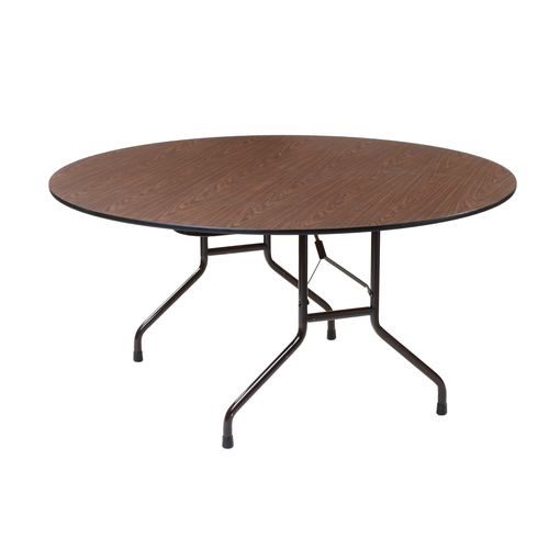 Folding Banquet Table, round
top, 60&#39; dia., particle board
core, 5/8&#39; melamine top,
60&#39;automatic lock-open
mechanism, bull nose edge
T-molding, mar-proof plastic
foot caps, 1&#39; steel tubing
legs, walnut finish, 1/22