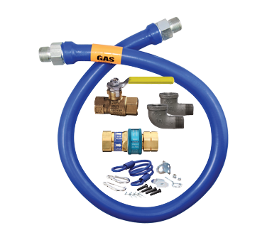 1675KIT24 Blue Hose Moveable
Gas Connector Kit, 3/4&quot;
inside dia., 24&quot; long,
covered with stainless steel
braid, coated with blue
antimicrobial PVC, 1
SnapFast QD, 1 full port
valve, (2) 90 elbows, coiled
restraining cable with
hardware, 232,000 BTU/hr
minimum flow capacity,
limited lifetime warranty,
11/14
