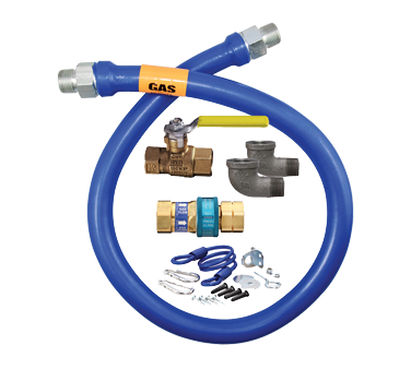 Safety System Moveable Gas
Connector Kit, 3/4&quot; inside
dia., 36&quot; long, covered with
stainless steel braid, coated
with blue antimicrobial PVC,
1 SnapFast QD, 1 full port
valve, (2) 90 elbows, coiled
restraining cable with
hardware, limited lifetime
warranty, 3/14