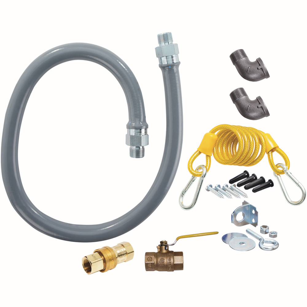 Dormont ReliaGuard 
Foodservice Gas Connector Kit, 
3/4&quot; inside dia., 48&quot; long, 
covered with stainless steel 
braid, coated with gray PVC, 
(1) quick disconnect, coiled 
restraining cable with 
hardware, limited 5 year 
warrany, 3/23