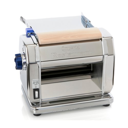 Imperia RMN220 Electric Pasta
Dough Roller, counter top,
8.25&quot; (210mm) sheet width,
0-5mm 10 step adjustable
thickness, up to 10 lbs./hr.
production, tempered steel
roller gears &amp;
self-lubricating bushings,
chrome plated steel body,
includes feeding tray &amp;
transmission arm for optional
cutters, 110v/60/1-ph, 300
watt