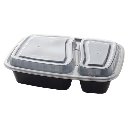 2-COMPT, 32oz RECT FOOD 
CONTAINER, MICRO COMBO, BLACK 
W/ CLEAR TOP, 150/ct.