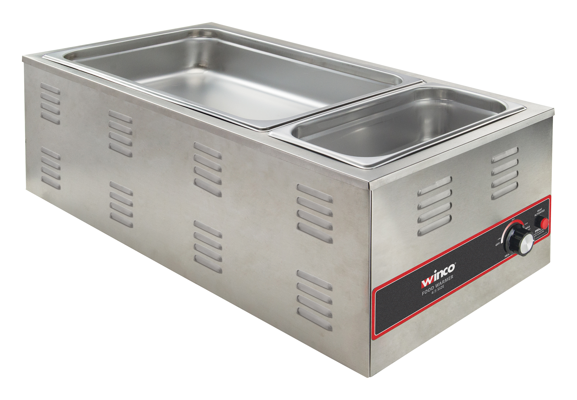 Food Warmer, electric,
4/3 size, 14-5/8&quot;W x 29-3/4&quot;D
x 10-11/16&quot;H, rectangular,
countertop, wet operation
only, 11-13/16&quot;W x
27&quot;D x 6-5/16&quot;H well opening,
accommodates (4) 1/3 size
steam table pans (and other
configurations), dial control,
graduated heat settings (low:
140F; medium: 170F; high:
200F),
dedicated indicator light,
stainless steel body,
120v/50/60/1-ph, 1.5 kW, 12.5
amp, NEMA 5-15P,
ETL-Sanitation, cETLus  One
year warranty, standard, each, 
11/21