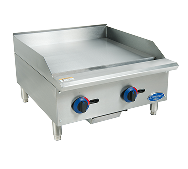Chefmate 24&quot; Gas Griddle,
with manual controls, 3/4&#39;&#39;
polished griddle plate, lift
off cooktop, 30,000 BTUs per
burner, U-style burner
provides heat control every
12&quot; and flame every 6&quot;,
adjustable pilots with front
access, 3-1/4&quot; back and side
splash, cool-to-touch front
edge, stainless steel
construction, adjustable legs
with stainless steel feet,
3-1/4&#39;&#39; trough, Natural Gas
with LP conversion kit
included, CSA Sanitation, NSF
(NSF/ANSI 4), CSA Blue Star,
1-year parts &amp; labor warranty
(excludes wear/expendable
parts) (contact factory for
details), 1/23