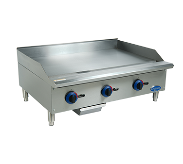 Chefmate 36&quot; Gas Griddle,
with manual controls, 3/4&#39;&#39;
polished griddle plate, lift
off cooktop, 30,000 BTUs per
burner, U-style burner
provides heat control every
12&quot; and flame every 6&quot;,
adjustable pilots with front
access, 3-1/4&quot; back and side
splash,cool-to-touch front
edge, stainless steel
construction, adjustable legs
with stainless steel feet,
3-1/4&#39;&#39; trough, Natural Gas
with LP conversion kit
included, CSA Sanitation, NSF
(NSF/ANSI 4), CSA Blue Star,
1-year parts &amp; labor warranty
(excludes wear/expendable
parts) (contact factory for
details), 1/23