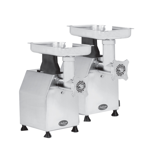 CM12 Chefmate Meat Chopper,
#12 head size, 250 lbs. of
meat/hour, manual reset motor
overload protection,
stainless steel housing,
cylinder, worm gear &amp;
adjusting ring, includes:
knife, product tray, 1/4&#39; &amp;
5/16&#39; plates and
polycarbonate pusher, 1HP,
115v/60/1, 8 amps, for beef,
pork, venison-NO cheese or
vegetables, cETLus,
Sanitation ETL, 1/23