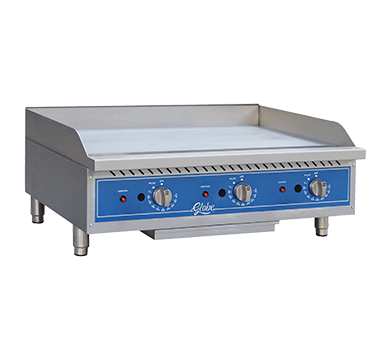 GG36TG Griddle, countertop,
natural gas, 36&#39;W x 32-2/3&#39;D
x 15-3/4&#39;H (overall), 36&#39;W x
20&#39;D (cooking area),
thermostatic controls, metal
knobs with set screws, 200F
to 575F temperature range,
piezo ignition, (3) 30,000
BTU stainless steel U-style
burner, individual pilots, 1&#39;
thick griddle highly polished
steel plate, 3-1/2&#39;H splash
guard on rear &amp; tapered
sides, 4&#39; trough with
removable stainless steel
catch tray, insulated
double-wall construction on
front &amp; sides, cool touch
extended front edge, 4&#39;
adjustable stainless steel
legs, 90,000 BTU total,
cETLus (ships with LP
conversion kit &amp; regulator),
2-year parts &amp; labor
warranty, standard, 1/23