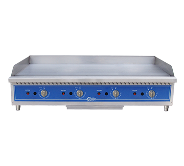 GG48TG Griddle, countertop,
natural gas, 48&quot;W x 32-2/3&quot;D
x 15-3/4&quot;H (overall), 48&quot;W x
20&quot;D (cooking area),
thermostatic controls, metal
knobs with set screws, 200F
to 575F temperature range,
piezo ignition, (4) 30,000
BTU stainless steel U-style
burner, individual pilots, 1&#39;
thick griddle highly polished
steel plate, 3-1/2&quot;H splash
guard on rear &amp; tapered
sides, 4&quot; trough with
removable stainless steel
catch tray, insulated
double-wall construction on
front &amp; sides, cool touch
extended front edge, 4&#39;
adjustable stainless steel
legs, 120,000 BTU total,
cETLus Sanitation (ships with
LP conversion kit &amp;
regulator), Two years parts &amp;
labor warranty, 1/23