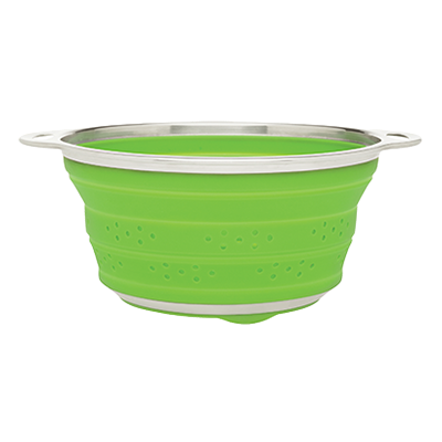 Collapsible Colander, 9-1/2&#39;
x 5&#39;, 1&#39; deep, 3 qt., heat
resistant up to 500F,
flexible, non-stick,
dishwasher safe, silicone
bowl, stainless steel
handles, green, each