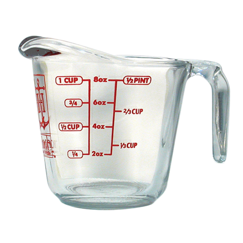 Anchor Hocking Measuring Cup,
8 oz., oven proof glass,
fully tempered, red
measurements, each