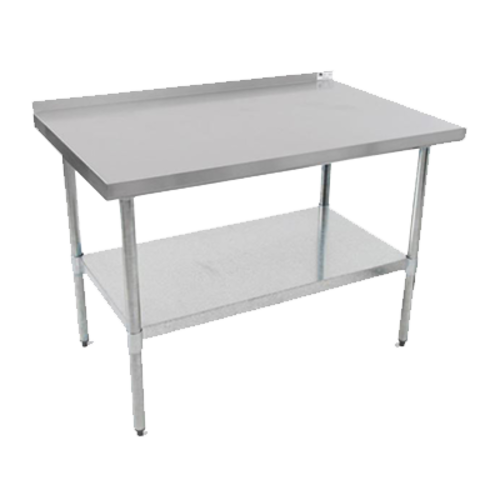 30X48 Economy Work Table, 
18/430 stainless steel top 
with 1-1/2&#39; backsplash &amp;
Stallion safety edge on front, 
adjustable galvanized
undershelf &amp; legs, adjustable
1&#39; plastic bullet feet, NSF,
CSA-Sanitation, KD, 9/21