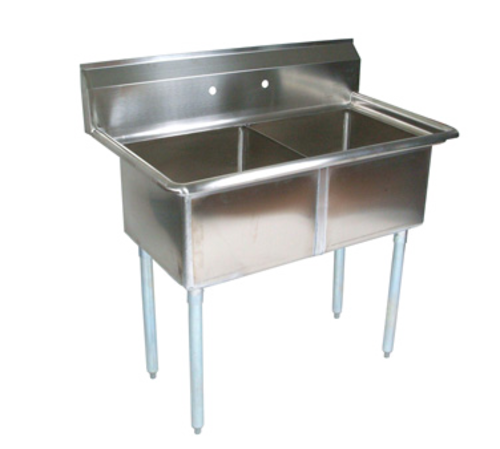 E2S8-1620-12-X E-Series
Compartment Sink, (2) 16&#39;W x
20&#39; front-to-back x 12&#39;deep
compartments, 37&#39; WIDE OA,
10&#39;H boxed backsplash with 2&#39;
return at 45 &amp; 1&#39; tile edge,
corners coved at 3/4&#39; radius,
bottom of bowls drain to
3-1/2&#39; dia. die stamped
opening, (1) set of faucet
holes, 18/300 stainless
steel, 1-5/8&#39; OD galvanized
legs &amp; gussets, adjustable
plastic bullet feet, NSF, 9/21