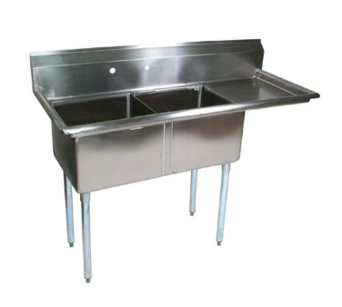 E-Series Sink, 2-compartment, 
56-1/2&quot;W x 23-1/2&quot;D x 43-3/4&quot;H 
overall size, (2) 18&quot;W x 18&quot; 
front-to-back x 12&quot; deep 
compartments, (1) 18&quot; right 
drainboard, 9-3/4&quot;H boxed 
backsplash with 45 top and 2&quot; 
return, (1) set of splash 
mount faucet holes with 8&quot; 
centers, 3-1/2&quot; die-stamped 
drain openings, 18/300 
stainless steel construction, 
galvanized legs &amp; gussets, 
adjustable plastic bullet 
feet, NSF, CSA-Sanitation, 
9/22