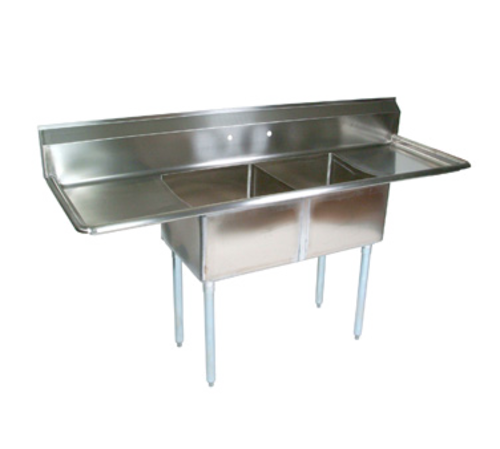 E2S8-18-12T18 E-Series
Compartment Sink, (2) 18&#39;W x
18&#39; front-to-back x 12&#39;deep
compartments, (2) 18&#39;
drainboards, 72&#39; WIDE OA,
10&#39;H boxed backsplash with 2&#39;
return at 45 &amp; 1&#39; tile edge,
corners coved at 3/4&#39; radius,
bottom of bowls drain to
3-1/2&#39; dia. die stamped
opening, (1) set of faucet
holes, 18/300 stainless
steel, 1-5/8&#39; OD galvanized
legs &amp; gussets, adjustable
plastic bullet feet, NSF, 
11/22