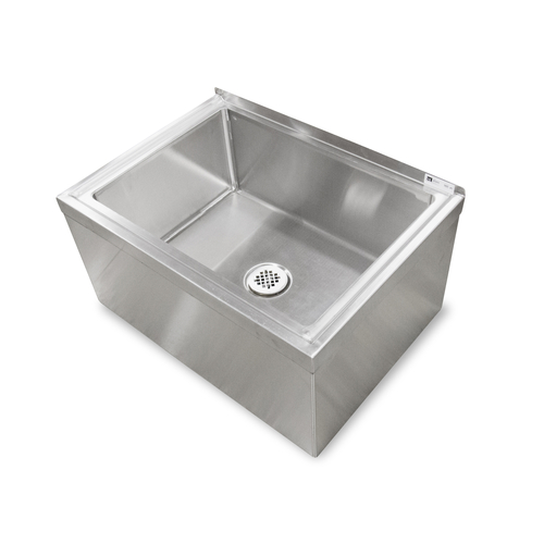 Mop Sink, floor mounted,
24-5/8&quot;W x 19-3/8&quot;D x 16&quot;H
overall size, 20&quot;W x 16&quot;
front-to-back x 12&quot; deep
compartment, 3-1/2&quot; diameter
drain, marine edge on front &amp;
sides, tile edge on rear,
16/300 stainless steel
construction, 10/21