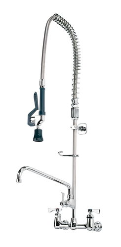 Royal Series,
pre-rinse Assembly, with
add-on faucet, wall mount, 8&#39;
centers, spring action
flexible gooseneck, 38&#39;H
stainless steel hose with 15&#39;
overhang &amp; 1.2 GPM spray
head, built in check valves,
2.0 GPM add-on faucet with
12&#39; swing spout, includes
wall bracket &amp; mounting kit,
chrome plated brass base, low
lead compliant, ships
pre-assembled, NSF
(interchangeable with most
brands)