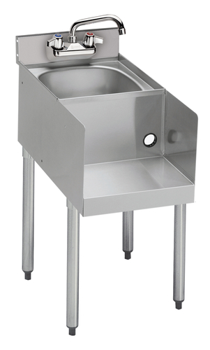 Standard 1800 Series,
Underbar Blender/Dump Sink
Station, freestanding, 12&#39;W x
22-1/2&#39;D (to match speedrail
depth), 3-1/2&#39;H backsplash,
12&#39; wide x 10&#39; front-to-back
x 7&#39; deep sink bowl with
1-1/2&#39; drain, 4&#39; O.C. splash
mount faucet with swing spout
(low lead compliant), 8&#39;D
recessed blender shelf with
metal utility box mounted
underneath for GFCI
receptacle (not included),
stainless steel construction,
(4) galvanized legs with
adjustable plastic bullet
feet, NSF, 8/21