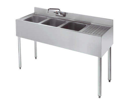 Standard 1800 Series,
Underbar Sink Unit, three
compartment, 48&#39;W x 18-1/2&#39;D,
3-1/2&#39;H backsplash, 10&#39; wide
x 14&#39; front-to-back x 10&#39;
deep compartments, 12&#39;
embossed drainboard on right,
splash mount faucet with
swing spout (low lead
compliant), apron on front &amp;
sides, includes (3) removable
overflow standpipes,
stainless steel construction,
galvanized legs with
adjustable plastic bullet
feet, NSF, 6/21