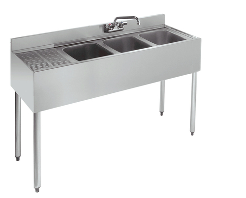 Standard 1800 Series,
Underbar Sink Unit, three
compartment, 48&#39;W x 18-1/2&#39;D,
3-1/2&#39;H backsplash, 10&#39; wide
x 14&#39; front-to-back x 10&#39;
deep compartments, 12&#39;
embossed drainboard on left,
splash mount faucet with
swing spout (low lead
compliant), apron on front &amp;
sides, includes (3) removable
overflow standpipes,
stainless steel construction,
galvanized legs with
adjustable plastic bullet
feet, NSF, 6/21