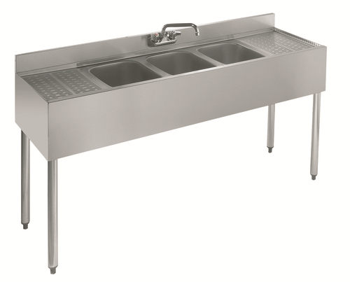 Standard 1800 Series,
Underbar Sink Unit, three
compartment, 60&#39;W x 18-1/2&#39;D,
3-1/2&#39;H backsplash, 10&#39; wide
x 14&#39; front-to-back x 10&#39;
deep compartments, 12&#39;
embossed Drainboard on left &amp;
right, splash mount faucet
with swing spout (low lead
compliant), apron on front &amp;
sides, includes (3) removable
overflow standpipes,
stainless steel construction,
galvanized legs with
adjustable plastic bullet
feet, NSF, 6/21